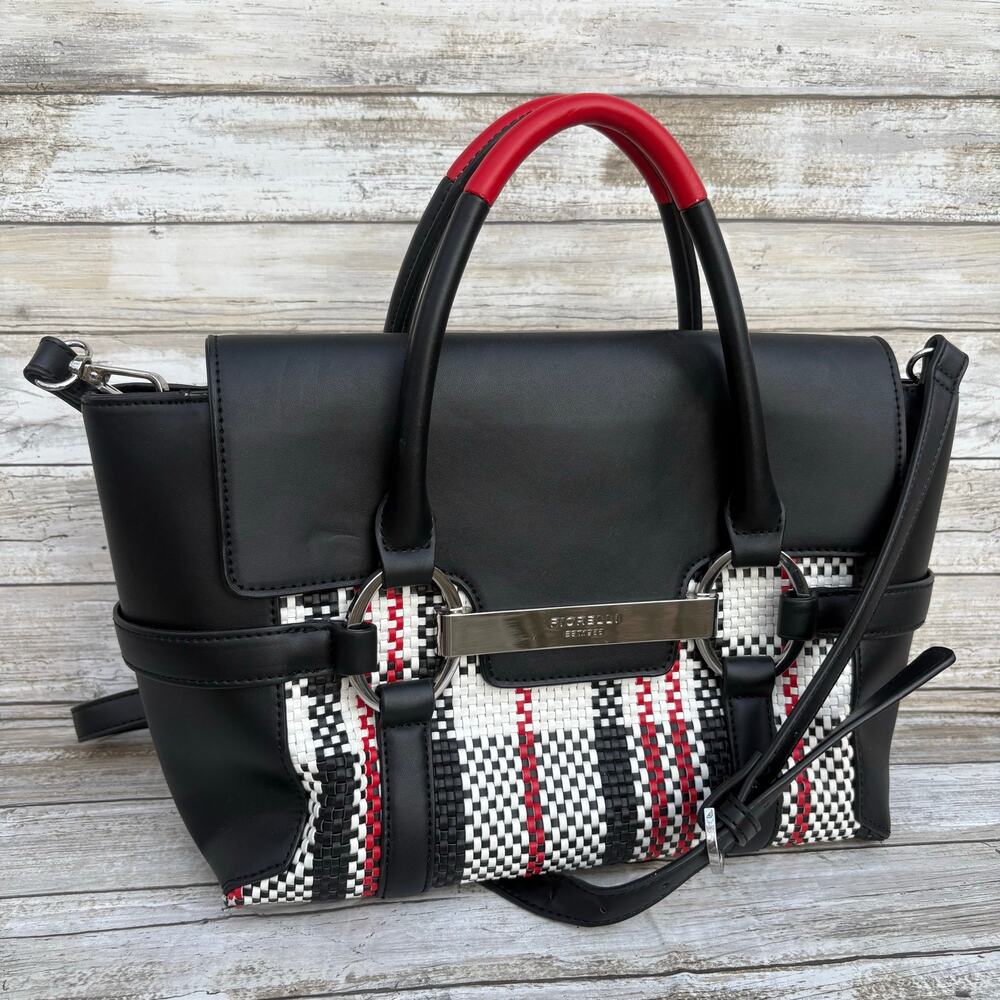 Fiorelli Barbican Flapover Tote Purse Black Faux Leather Plaid Preppy‎ Classic